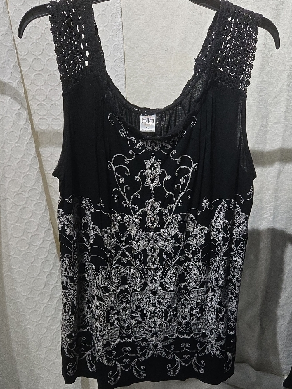 Bila Black Tank with Silver Scroll Print and Crochet Straps